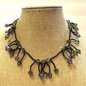 Glass Crystal bead necklace marked DOL, Black bead chain, green & blue crystals